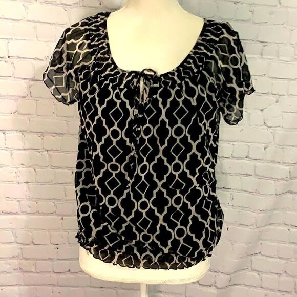 INC Black White Geometric Design Blouse - M - Picture 1 of 4